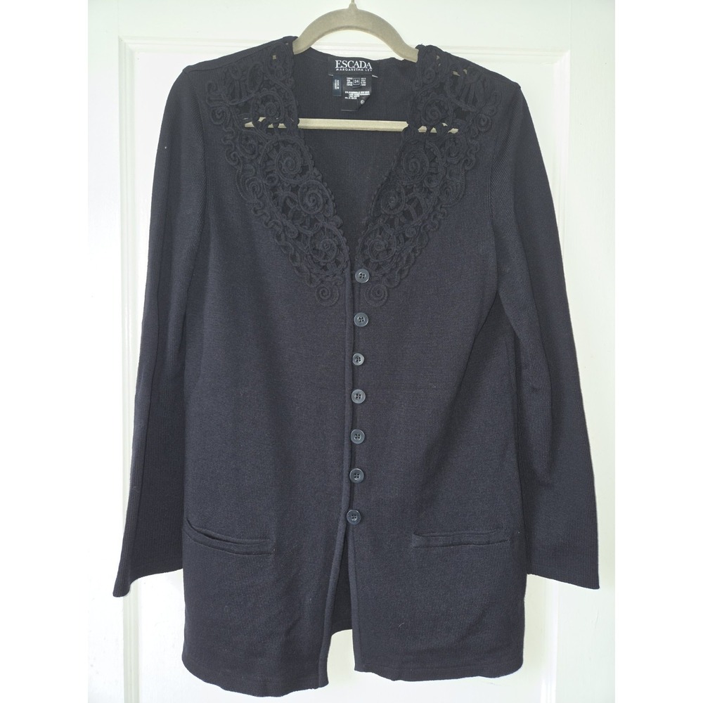 Vintage Escada By Margaretha Ley Black Crochet Lace Cardigan. Long. 34 US 2-4